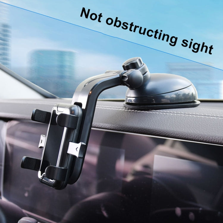 Black suction car phone holder mounted on dashboard with clamp cradle