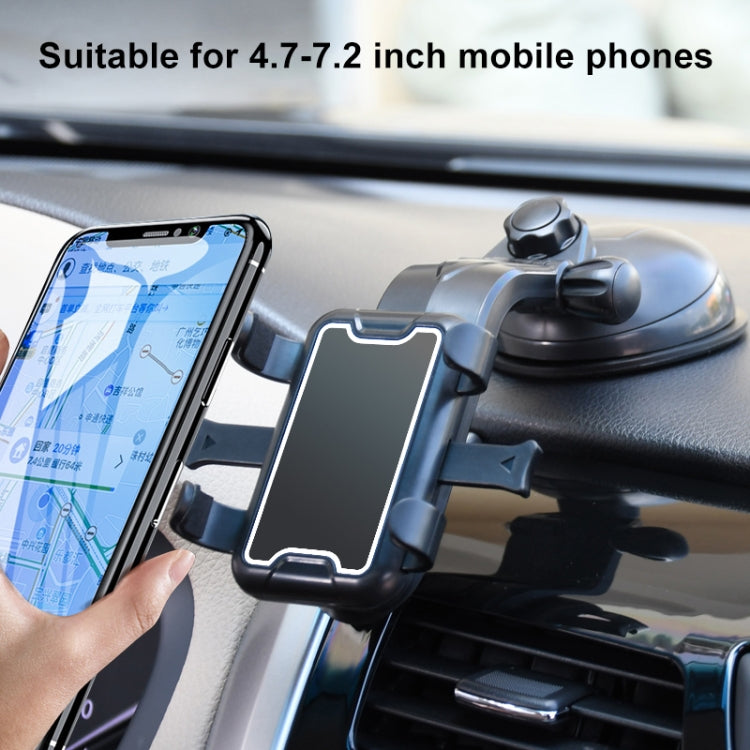 Black dashboard car phone holder with cradle holding a smartphone in portrait