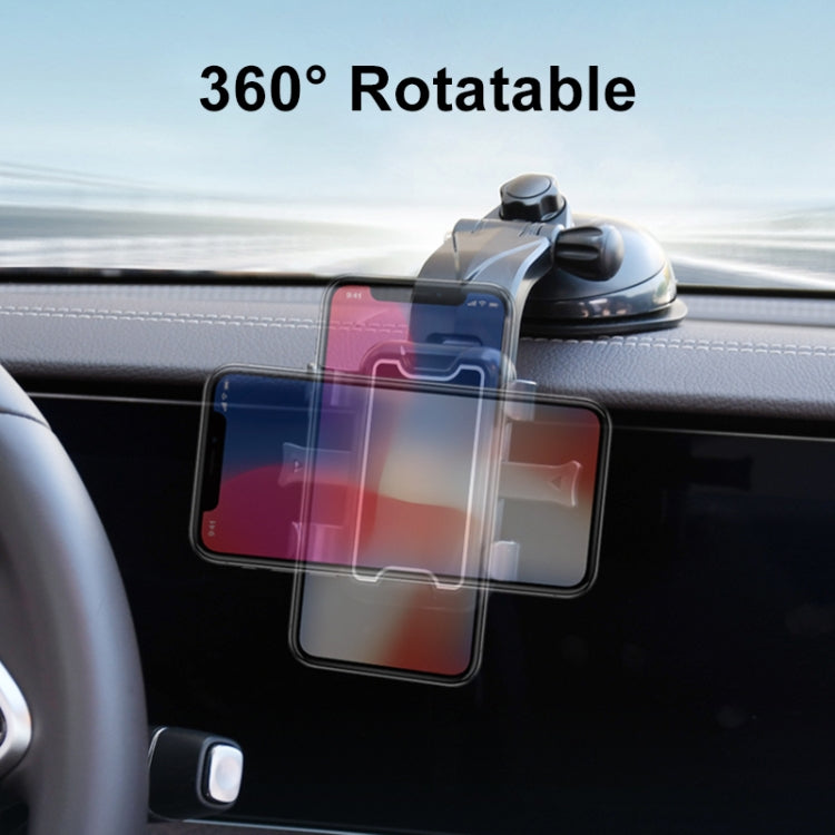 Black 360-degree rotatable car phone holder with smartphone in landscape view