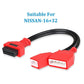Red and black OBD2 extension cable with twin 16+32-pin adapters and black lead