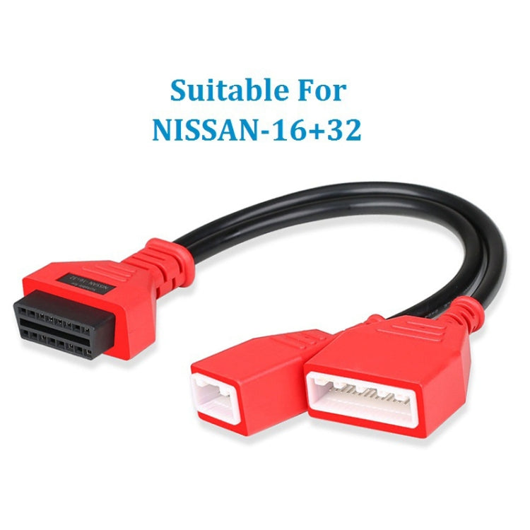 Red and black OBD2 extension cable with twin 16+32-pin adapters and black lead