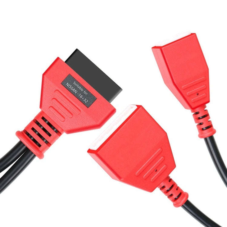 Red 16+32 OBD2 extension cable connectors with ribbed housings and black cable