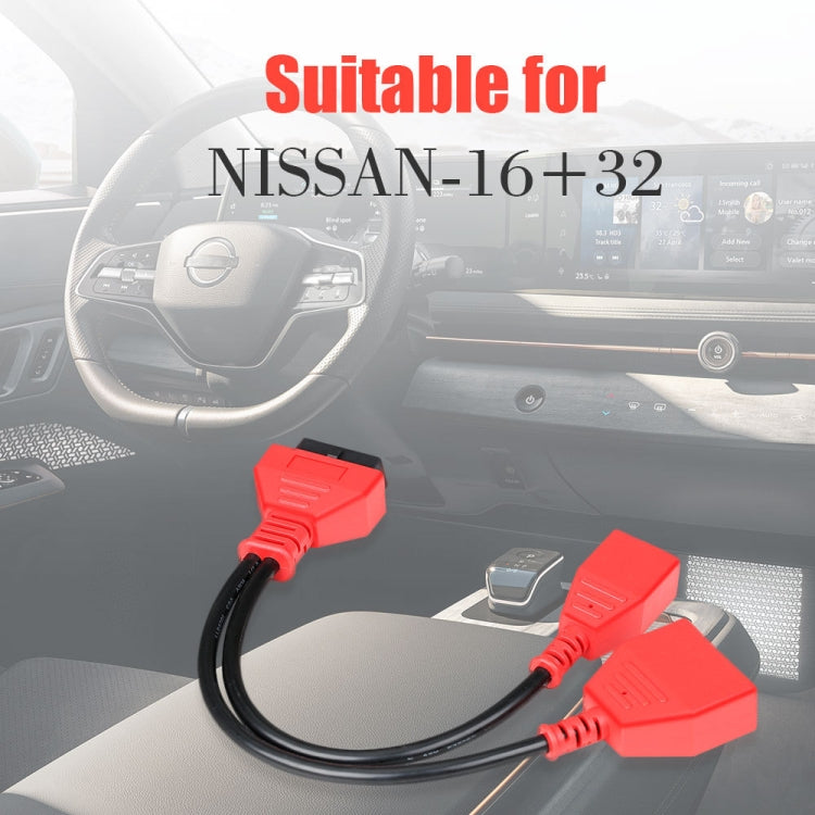 Red OBD2 extension cable with 16+32-pin connectors and black lead for installation