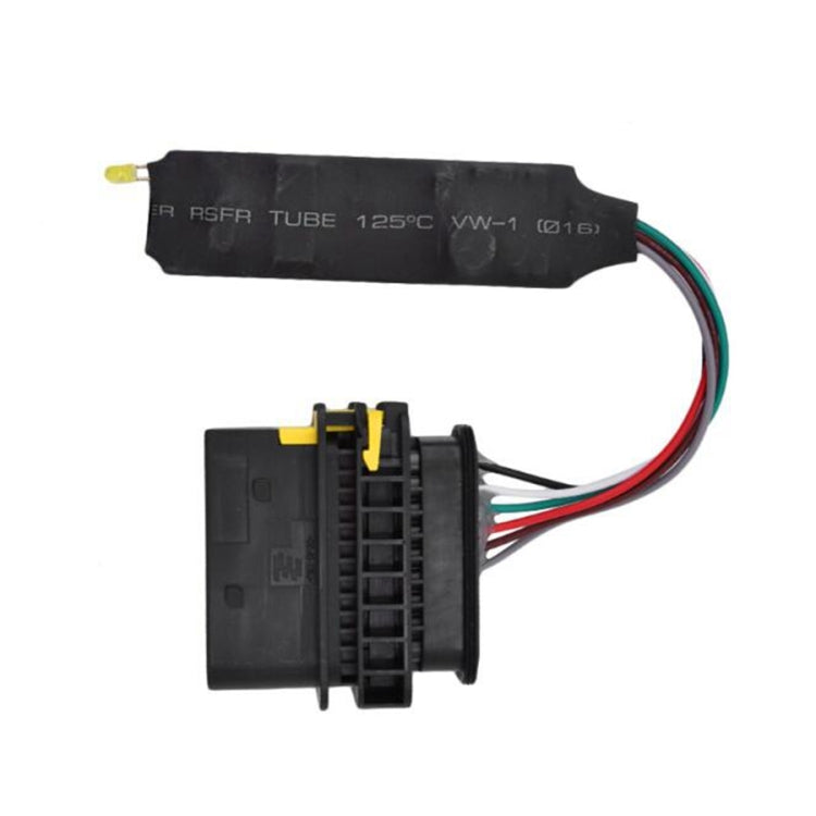 OBD2 emulator module with black splitter housing and multicolor wire bundle