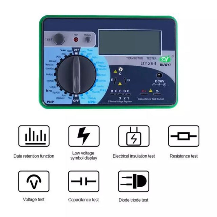 Digital transistor analyzer tester with LCD display, function icons, and rotary dial