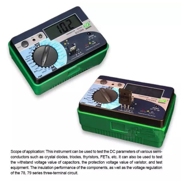 Digital transistor analyzer tester in green housing with LCD and control dial