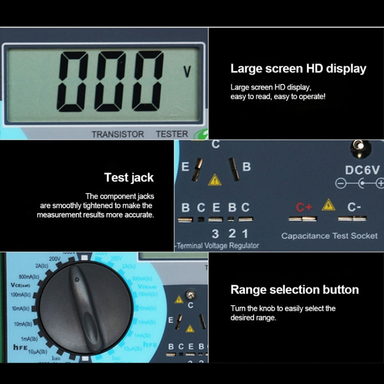Transistor tester with large numeric LCD and labeled test socket indicators