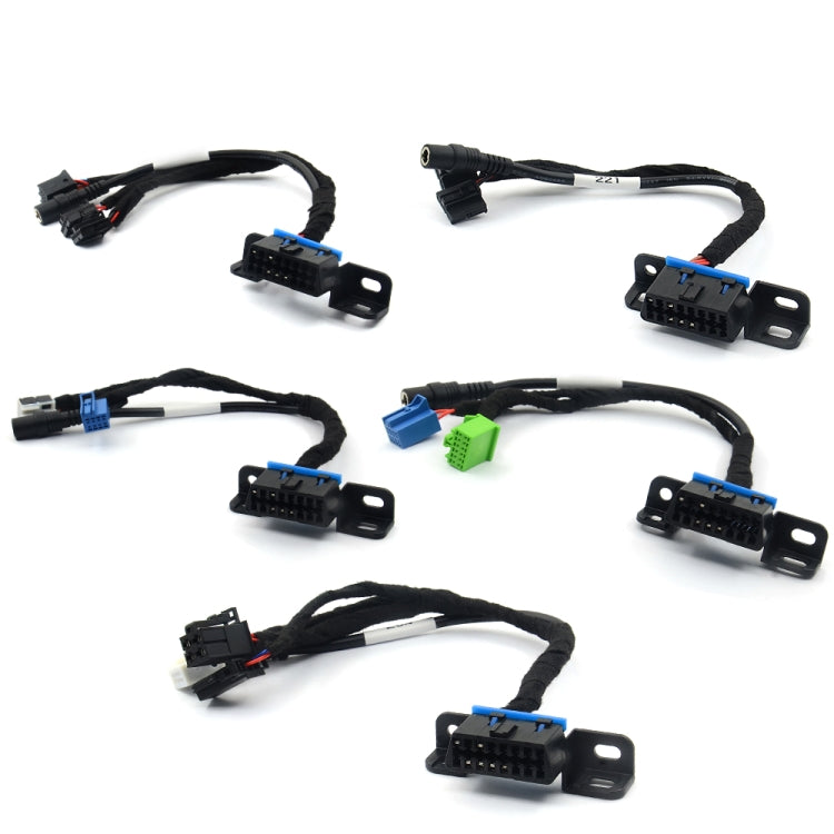 EIS/ELV test cable harness with several plug adapters and mounting brackets, black with blue/green