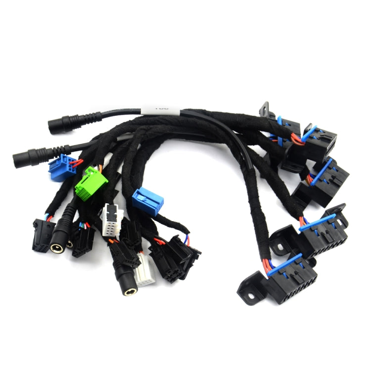 Automotive diagnostic test cable harness with many wire leads and plug terminals, black with blue/green