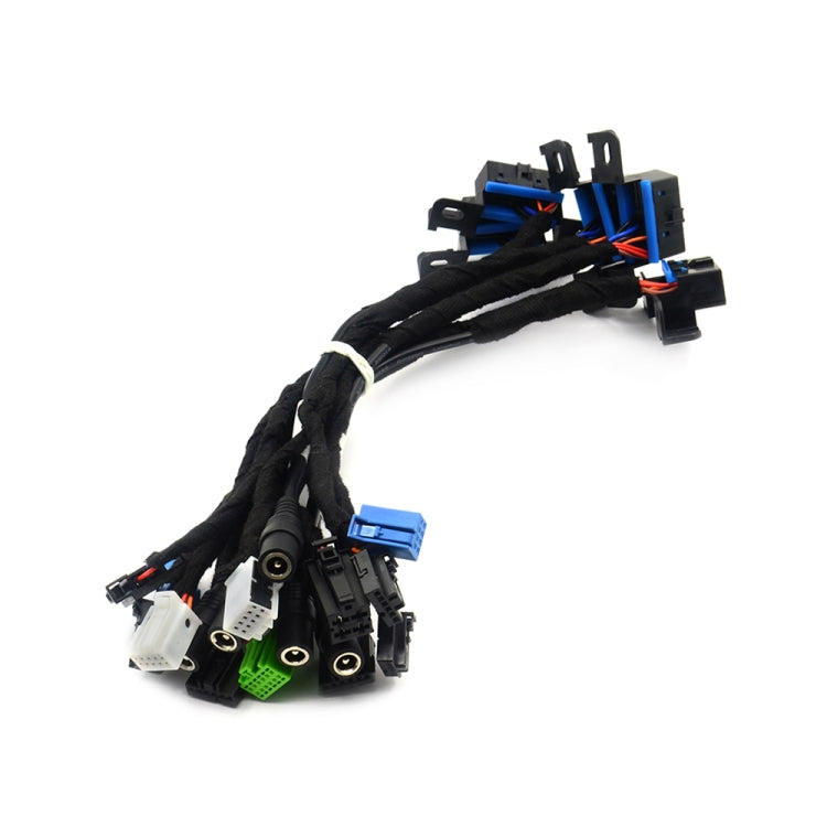 Diagnostic test cable harness with grouped connectors and black leads, blue/green housings visible
