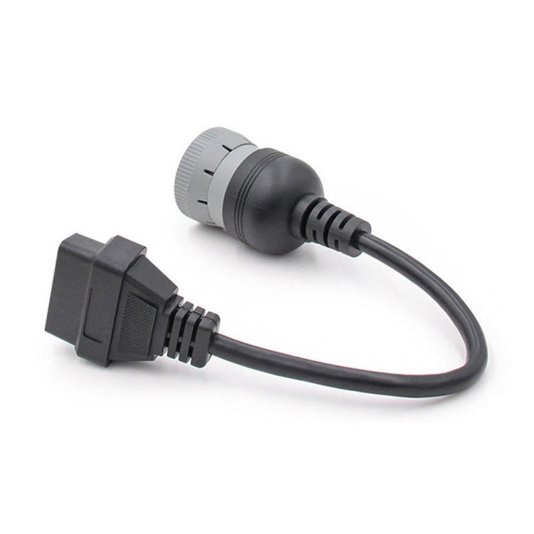 Diagnostic adapter cable with gray cylindrical OBD2-style connector and black 6-pin plug