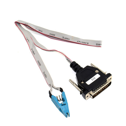 Odometer programmer cable with blue clips, multi-pin connector, and flat ribbon cable