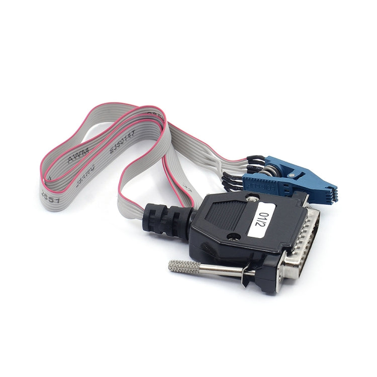 Odometer programmer cable with gray ribbon lead and black controller module, blue wire plug