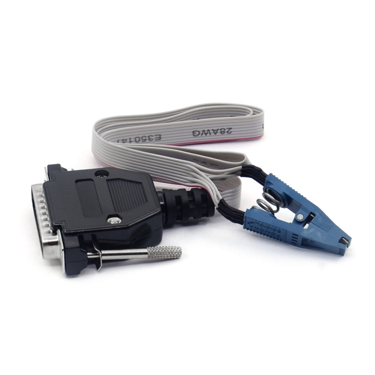 Odometer programmer cable with long gray ribbon, multi-pin connector on blue cable end