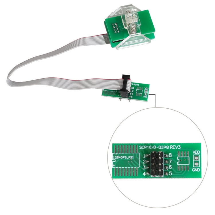 Anti-theft data reading adapter with green PCBs, clips, and ribbon cable pin detail