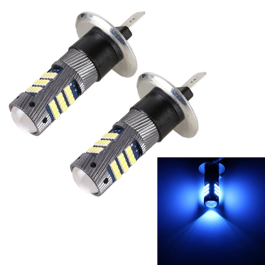 H1 LED fog light bulb pair with ice blue LED glow, black and chrome housings