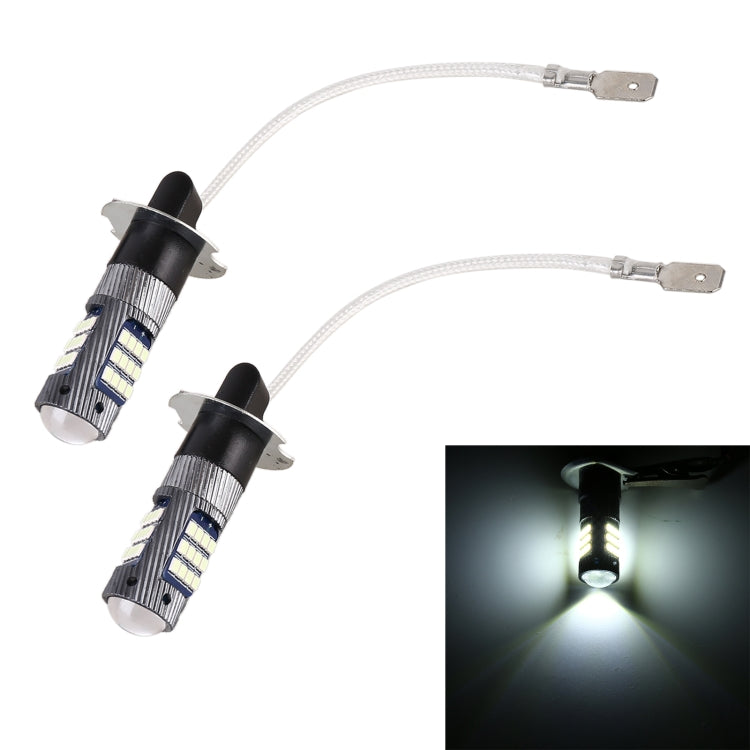 Pair of H3 LED fog light bulbs with blue LED chip modules and braided wiring leads