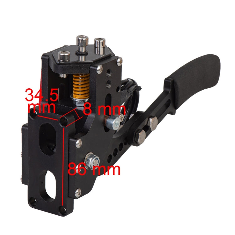 Racing handbrake linkage with red damper spring and black metal housing, size-marked