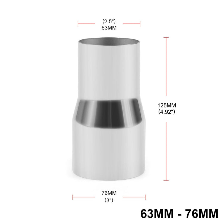 Exhaust pipe joint reducer sleeve, silver finish sized from 63mm to 76mm
