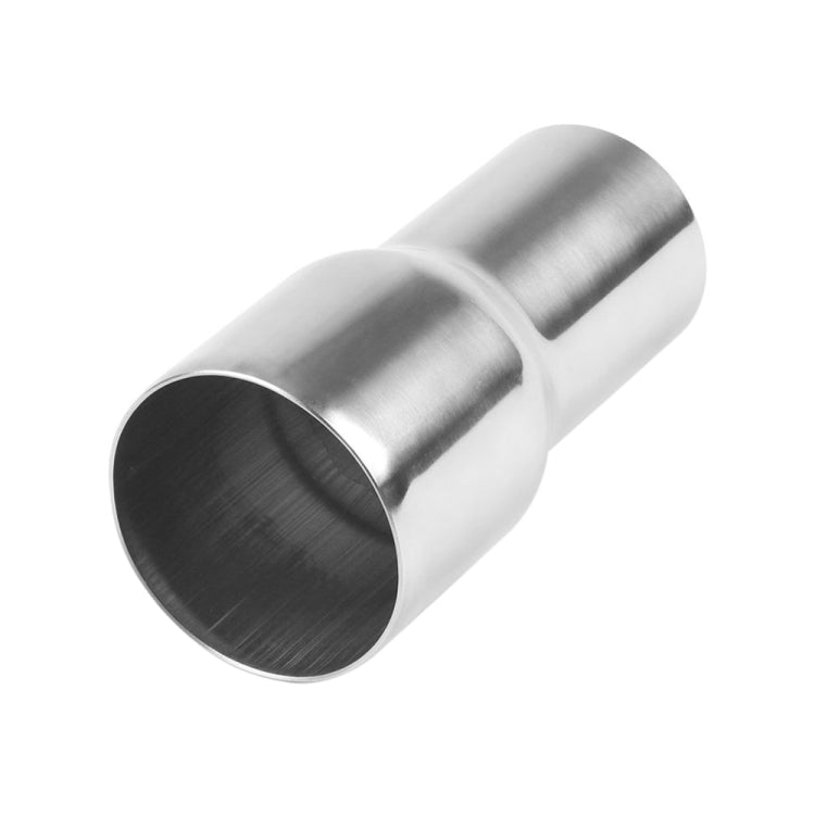 Exhaust pipe joint reducer sleeve with dark circular opening and brushed silver metal
