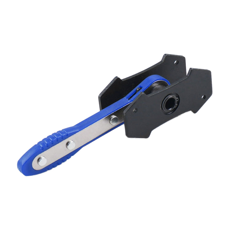Blue brake piston spreader tool with black caliper pad bracket and ratchet handle