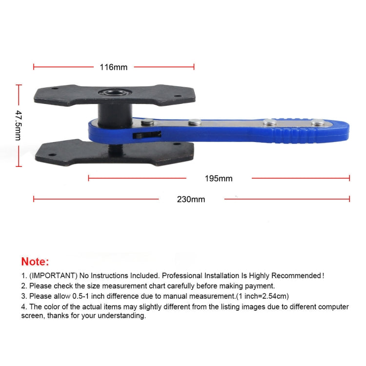 Brake piston spreader tool with blue handle and black mounting plates