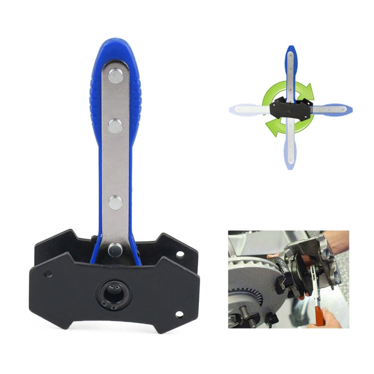 Blue brake piston spreader tool with black caliper pad frame and screw knob