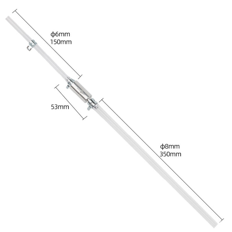 Brake bleeder tool with clear tube, metal coupler, and size measurement diagram