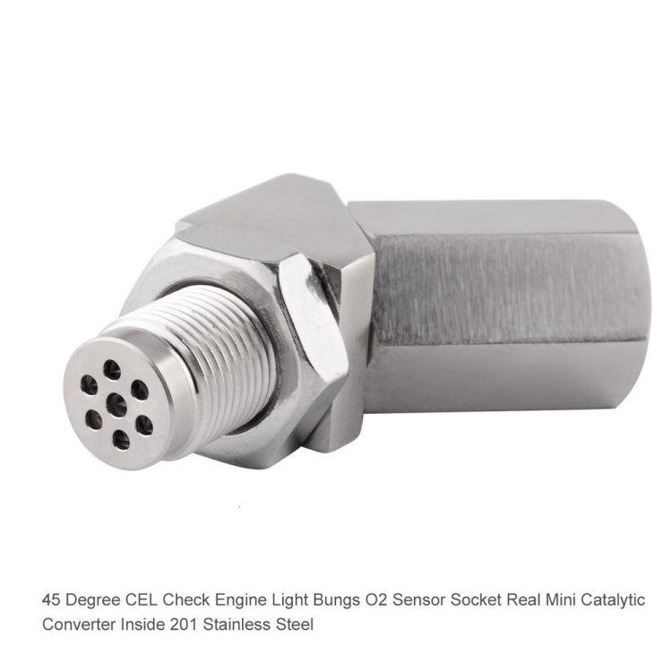 45-degree oxygen sensor adapter, angled metal fitting with threaded port and sensor hole