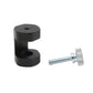 Black spark plug gap tool block with threaded posts and knurled screw