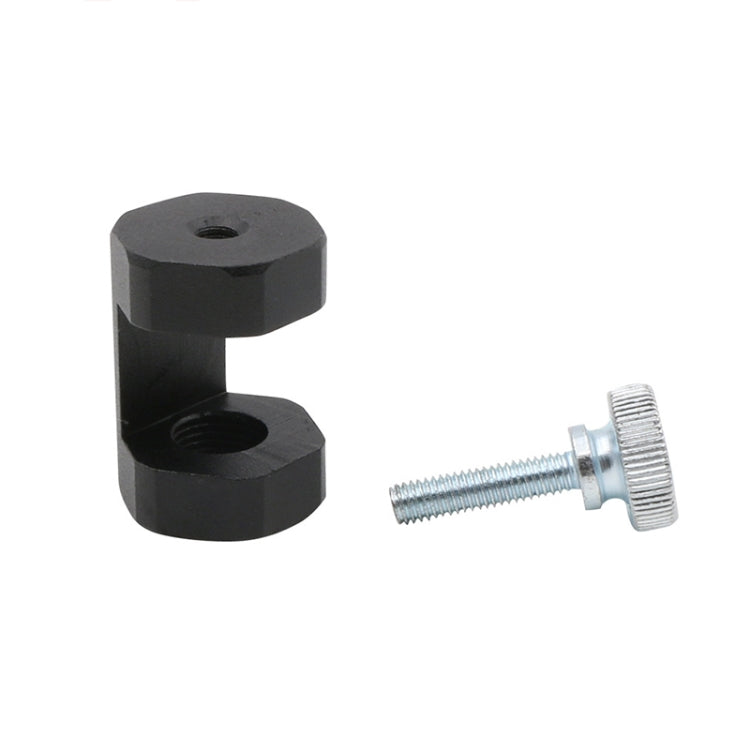 Black spark plug gap tool block with threaded posts and knurled screw