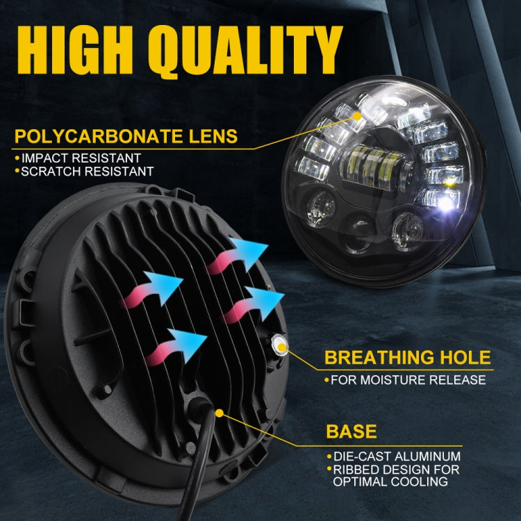 7-inch LED matrix headlight with black cooling fins and clear polycarbonate lens