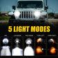 7-inch LED matrix headlight showing multiple light modes with DRL and beam highlights