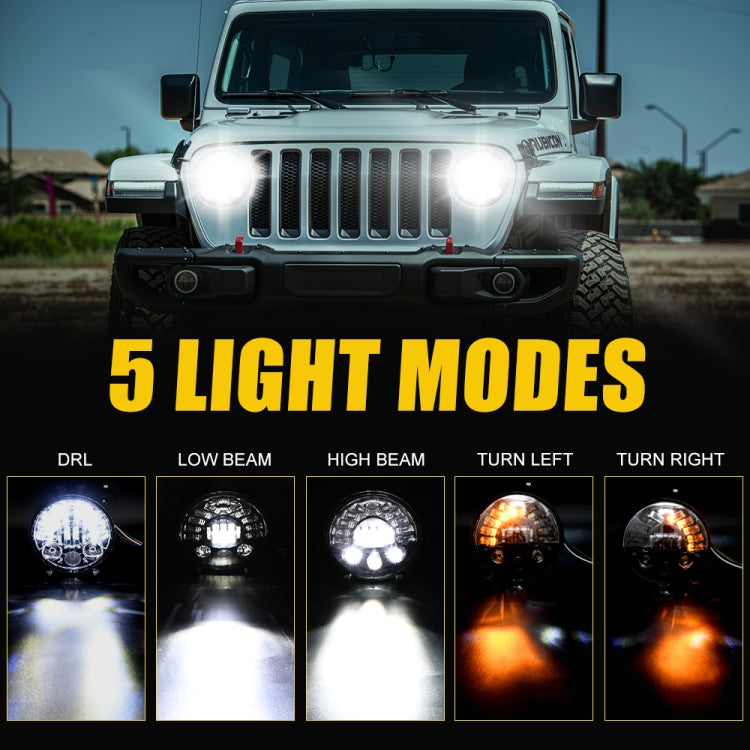 7-inch LED matrix headlight showing multiple light modes with DRL and beam highlights