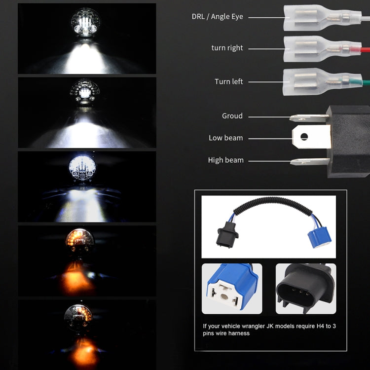 7-inch LED matrix headlight accessories set with connectors, brackets, and beam patterns