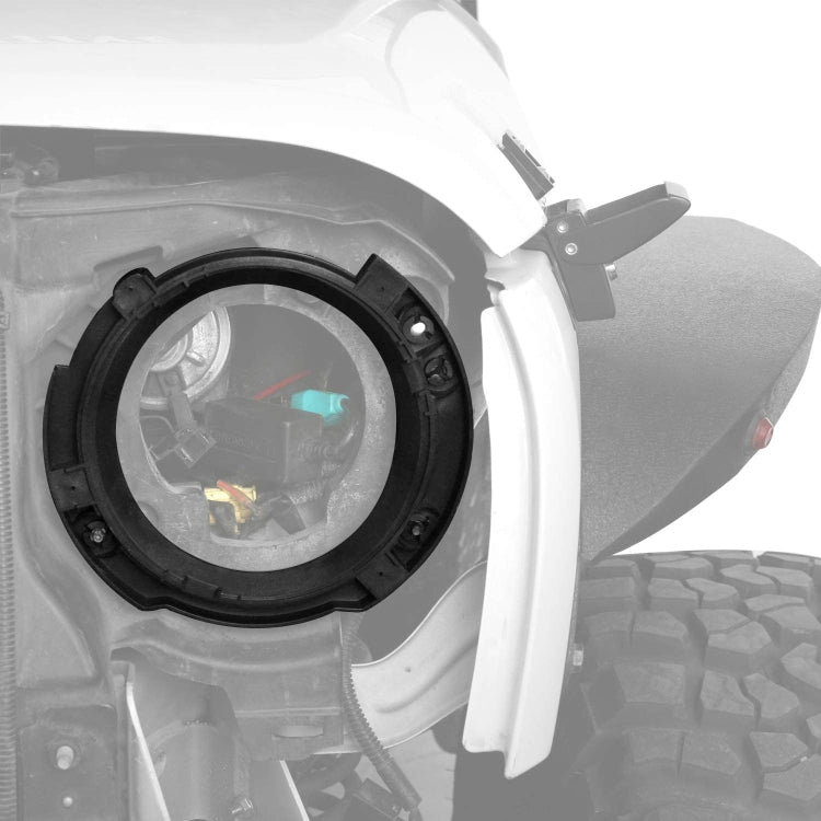 Installed black plastic headlight inside bracket ring on front headlamp housing