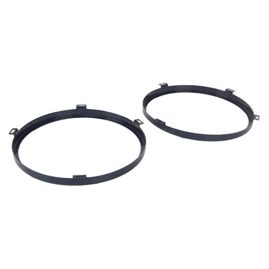 Pair of black metal headlight mounting brackets with circular ring design