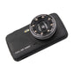 Black dashcam with wide-angle lens and circular camera housing