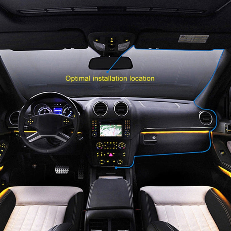 Dash cam installed on car dashboard with screen and optimal placement guide