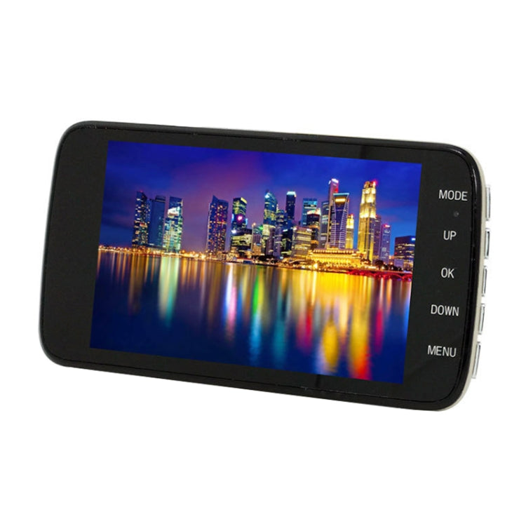Car dash cam with built-in screen showing city skyline