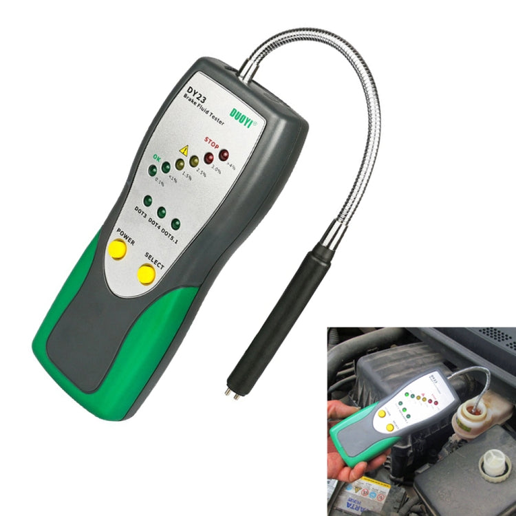 Car brake fluid test pen with display screen, test probe cable, and green handle