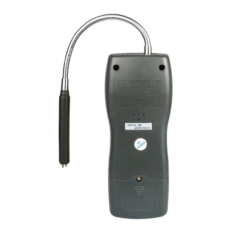 Brake fluid tester rear view with warning label and attached flexible probe cable