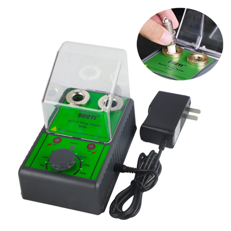 DUOYI dual-socket spark plug tester with green control screen and black power cord