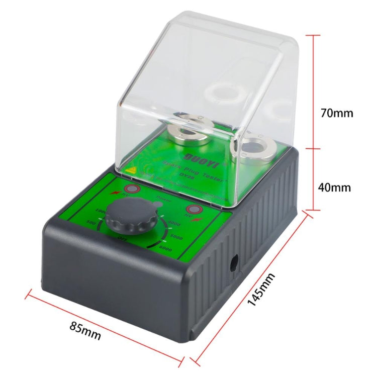 DUOYI spark plug tester base with clear cover, green screen, and front adjustment knob