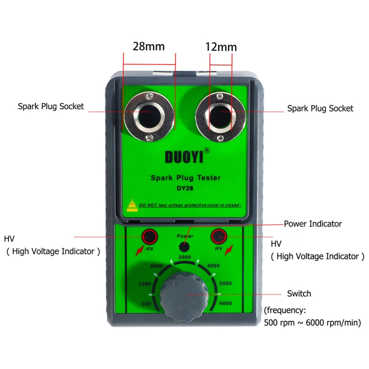 DUOYI DY28 spark plug tester front panel with two socket ports and HV indicators