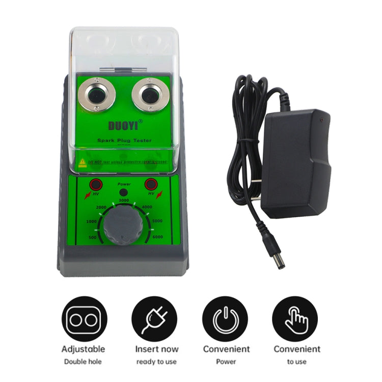 DUOYI spark plug tester with two socket ports and power adapter with attached cable