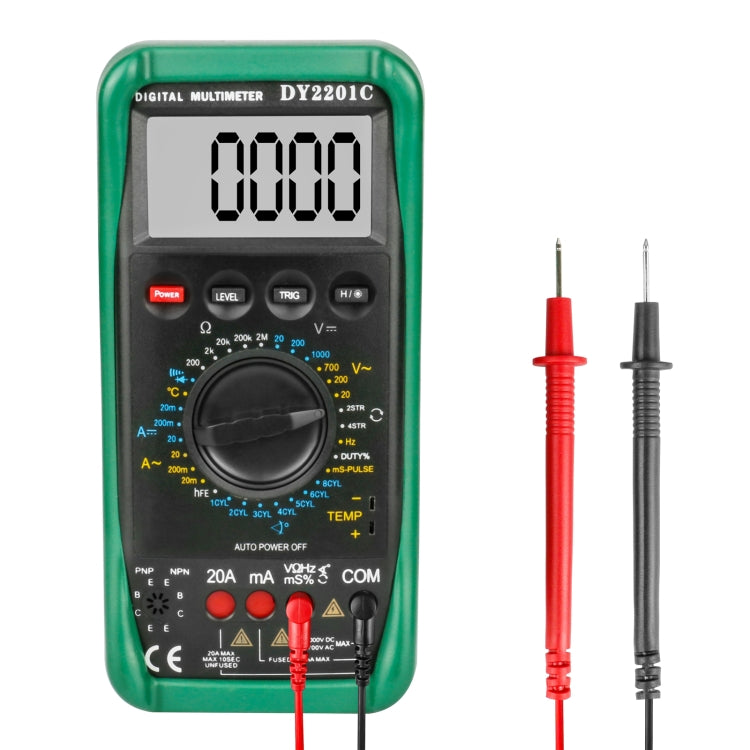 Green digital multimeter with LCD display and red/black test leads