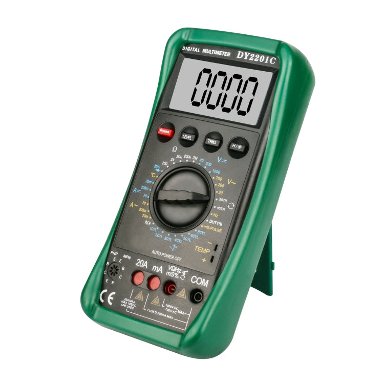 Green digital multimeter with LCD screen, rotary dial, and button controls