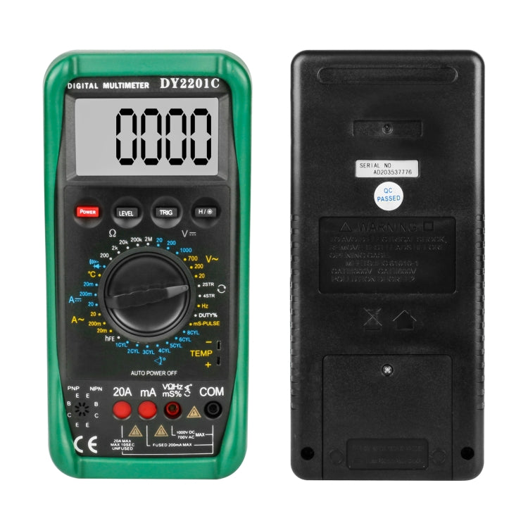 Green digital multimeter front and black back panel