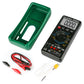 Green digital multimeter with case, test cables, and probe leads